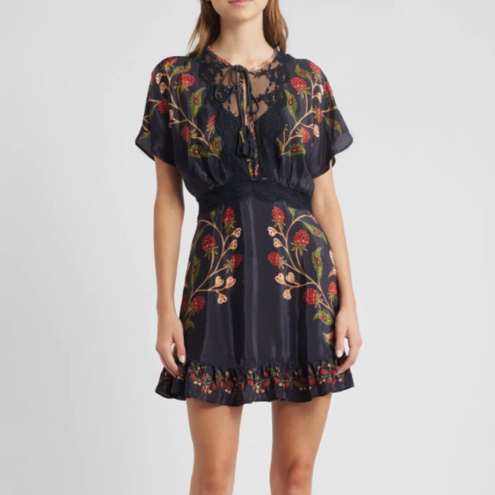Farm Rio Berry Garden Embroidered Satin Minidress